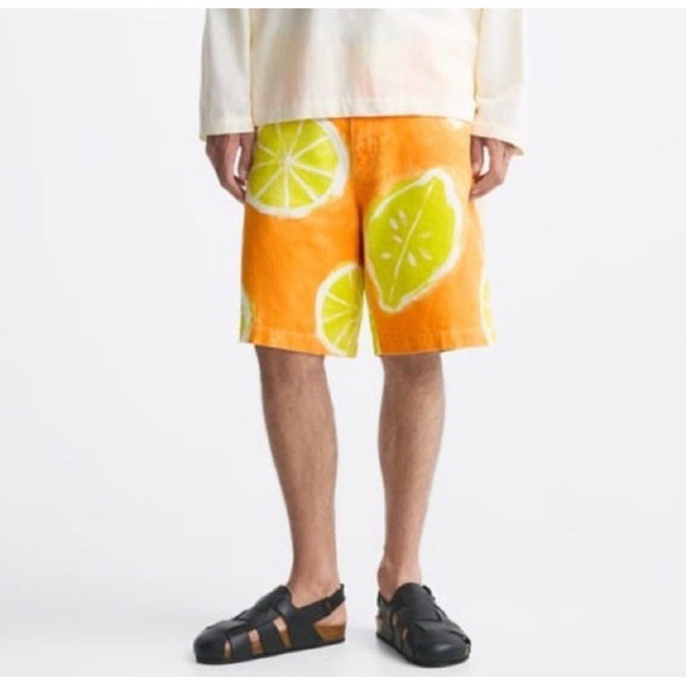 Zara Mens Lemon Print Cotton Canvas Shorts‎ Orange Yellow Size 30 Summer Beach
